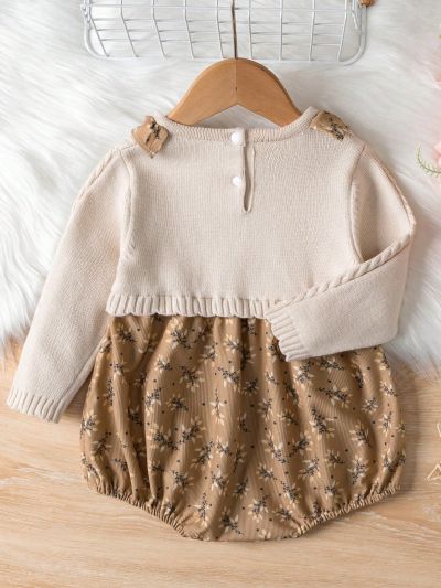 Baby Girls' Flower Patchwork Printed Romper With Sweater Top, Winter