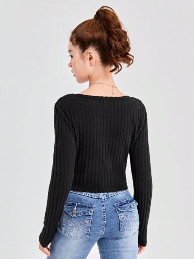 SHEIN Teen Girls' Knitted Ribbed Round Neck Casual Long Sleeve T-shirt