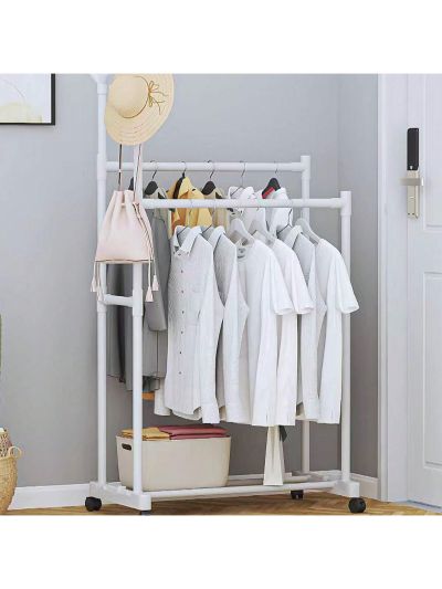 1pc Double Rod Simple Coat & Hat Rack Freestanding Bedroom Assembly Clothes Hanger, Contemporary, Space-saving Organizer