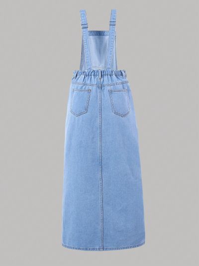 Teen Girls' Basic Casual Vintage School Style Light Wash Denim Suspender Dress With Split Hem