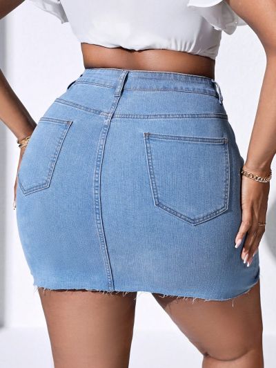 SHEIN VCAY Plus Size Irregular Waist High Waist Slim Fit Denim Skirt In College Style