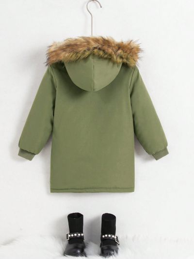 SHEIN Kids QTFun Little Girls' Casual Style Fuzzy Hooded Long Sleeve Quilted Lining Jacket