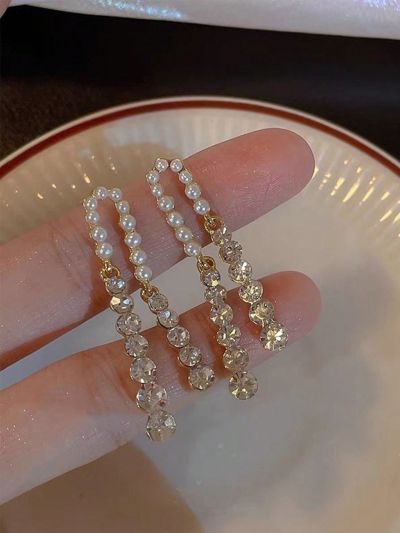 2pcs Unique & Luxury Zirconia & Pearl Inlaid Tassel Earrings Suitable For Daily Wear