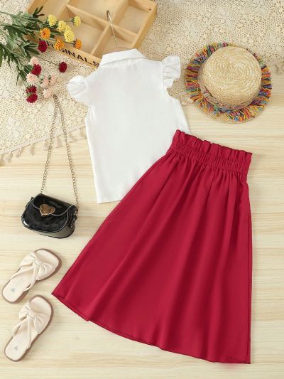 SHEIN Kids Nujoom Young Girl's Solid Color Floral Embroidery Short Sleeve Top And Solid Color Pleated Skirt Two Piece Set, Spring/Summer