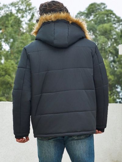 Men Plus Flap Pocket Fuzzy Trim Hooded Winter Coat