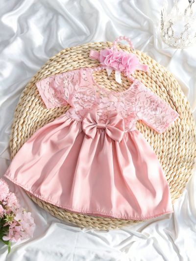 Newborn Baby Girl Lace Patchwork Princess Dress Headband Photo Prop Set