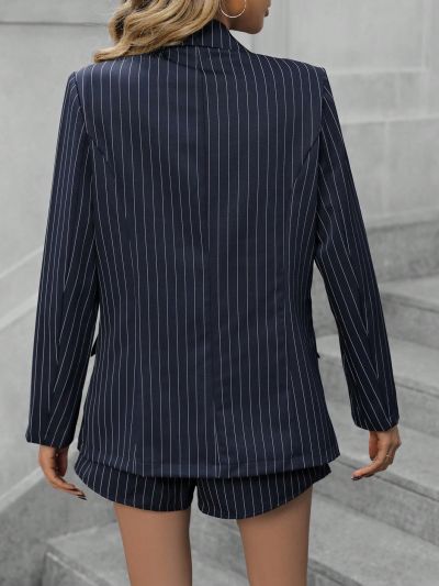SHEIN LUNE Ladies' Stripe Suit Set With Long Sleeve Blazer And Shorts