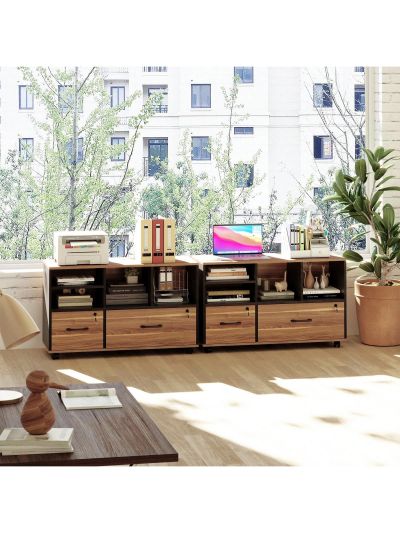 2 Drawer File Cabinets for Home Office, Lockable Lateral Filing Cabinet Printer Stand with Adjustable Shelf & Lockable Wheels, Office Storage Cabinet Fits Files Letter/Legal/F4/A4 Size, Brown