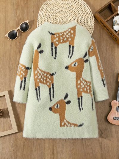 Toddler Girls' Cartoon Deer Patterned Warm Knit Sweater Dress For Autumn/winter