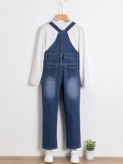 Teenage Boys' Medium Washed Blue Distressed Denim Overall Pants