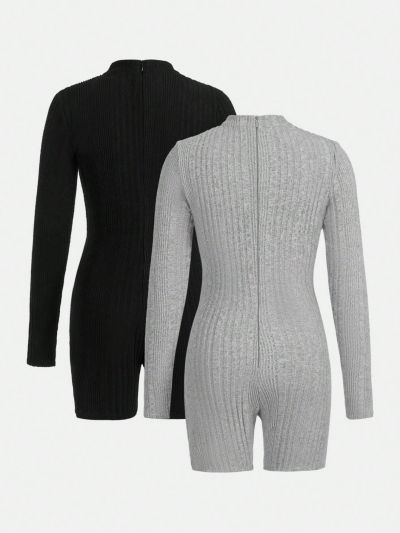 SHEIN Kids FANZEY Tween Girl 2pcs Mock Neck Ribbed Knit Unitard Romper