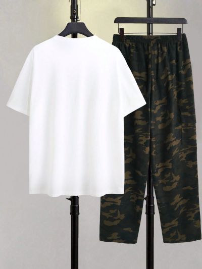 Men'S Slogan Print Round Neck T-Shirt And Camo Pants Two-Piece Set