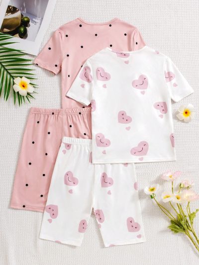 SHEIN 4pcs/Set Tween Girls' Polka Dot & Heart Print Round Neck Short Sleeve T-Shirt And Knit Shorts Cozy Homewear