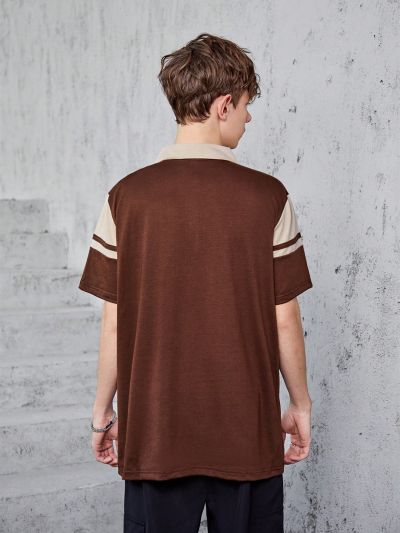 Teenagers (Male) Contrast Color Bear Embroidered Button Half Cardigan Polo Shirt