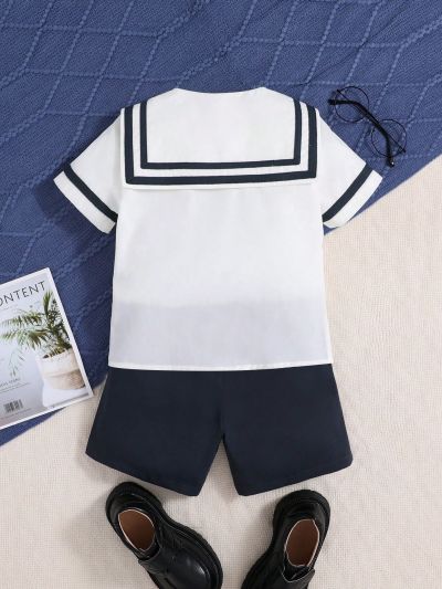 SHEIN Kids Academe Young Boy Color Block Collar Shirt & Shorts Set With Alphabet Badge Detailing