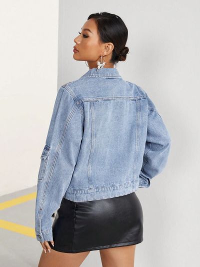 SHEIN ICON Zip-front Denim Jacket With Flap Pockets