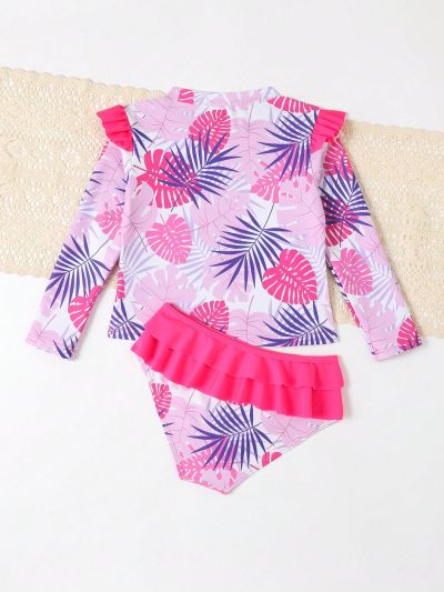 Little Girls' Plant Printed Long Sleeve Swimsuit Sun Protection Swimwear