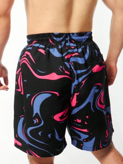 Manfinity Men's Drawstring Waist Swimming Trunks With Wavy Stripes