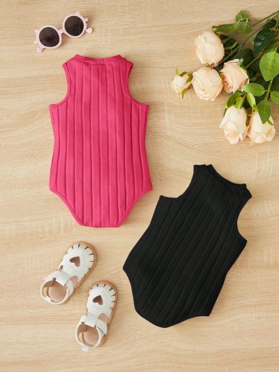 SHEIN 2pcs Baby Girls' Sleeveless Ribbed Bodysuit With Solid Color, Casual Wear