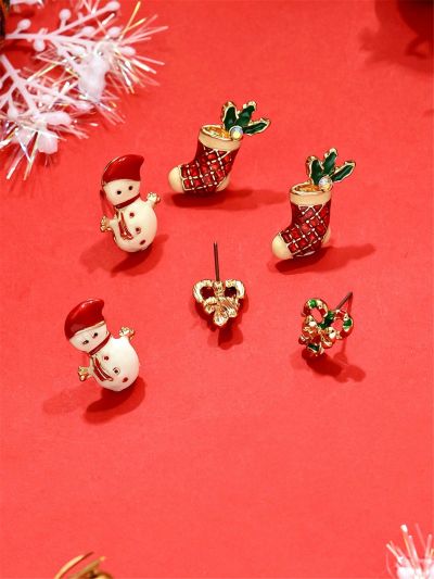 3pairs/set Fashion Zinc Alloy Rhinestone Snowflake Deer Santa Claus Christmas Tree Stud Earrings Set Ladies Christmas Holiday Gifts