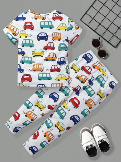SHEIN Toddler Boys' Casual Cartoon Car Pattern Printed Round Neck Long Sleeve Top And Pants Set, Comfortable For Indoor And Outdoor Wear In Winter And Spring