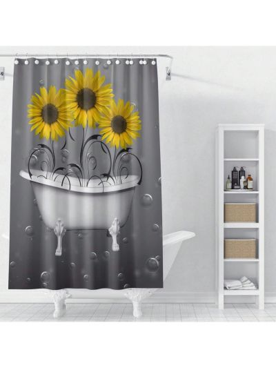 4 Pcs Yellow Sunflowers Shower Curtain Set with Non-Slip Rugs, Toilet Lid Cover and Bath Mat Three Cute Floral Shower Curtain Modern Bathroom Decor with Hooks-Pink Grey