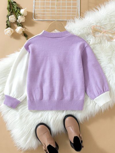 Girls' Contrast Color Flower Patch Cardigan With Buttons And Lapel