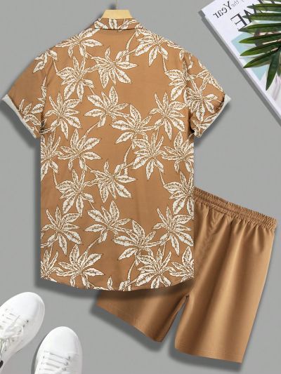 Men'S Flower Print Short Sleeve Shirt And Shorts Set