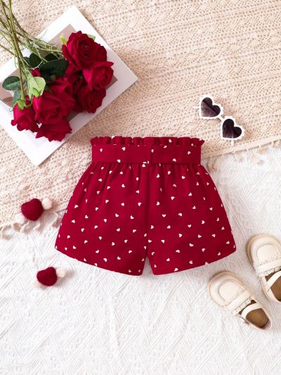 SHEIN Kids FANZEY Young Girl Heart Print Paperbag Waist Belted Shorts
