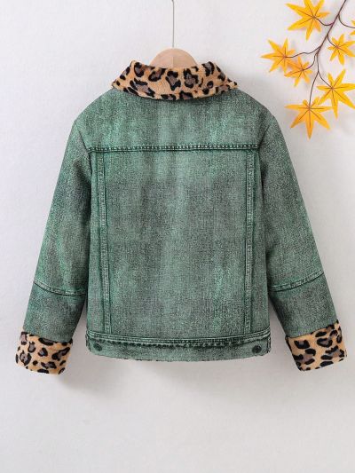 Girls' Casual Shirt Collar Printed Denim Leopard Jacket, Medium Thickness