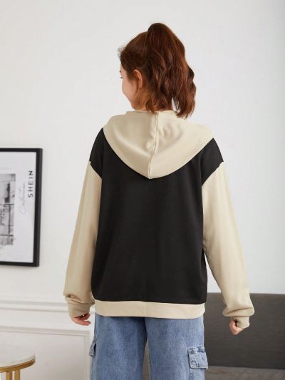 Teen Girls' Casual Color Block Hooded Jacket With Simple Design