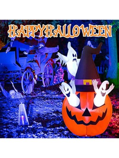 Halloween Inflatable Pumpkin, 5FT Halloween Blow Up Decoration White Ghost Inflatables with Build-in LEDs for Party, Yard, Lawn, Garden, Holiday Decor