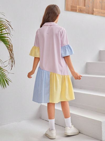 SHEIN Kids SUNSHNE Tween Girls' Woven Color Block Loose Casual Shirt Dress