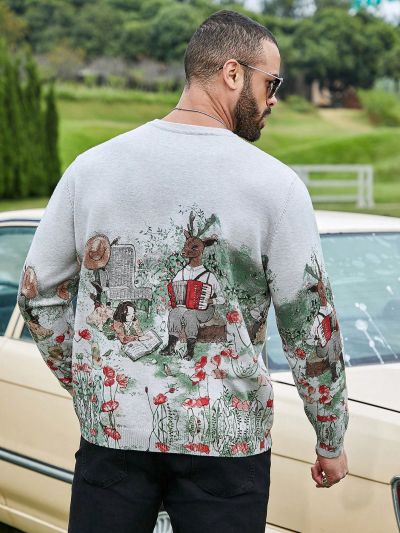 Extended Sizes Men'S Plus Size Sweater With Cartoon Pattern