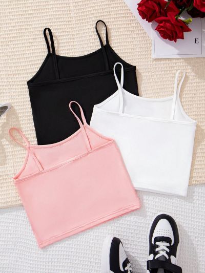 SHEIN Kids Cooltwn Tween Girls Casual Knitted Tank Tops, Multipack