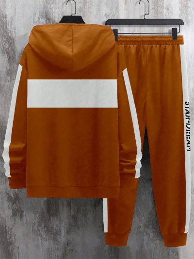 Manfinity Men's Letter Print Color Block Hooded Sweatshirt And Sweatpants Set With Drawstring