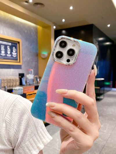 Gradient Imd Metal Frame Anti-drop Iphone Phone Case With Sparkling Glitter And Laser Powder