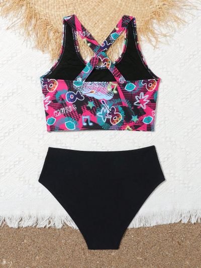 Random Printed Cross Back Vest Top And Triangle Bikini Swimsuit Set For Tween Girls