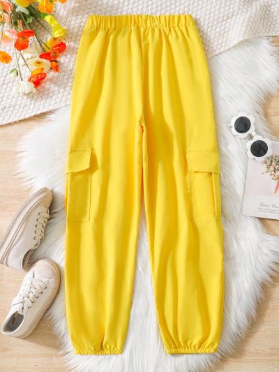 SHEIN Kids HYPEME Tween Girls' Casual Cargo Pants With Pockets And Elasticized Hem
