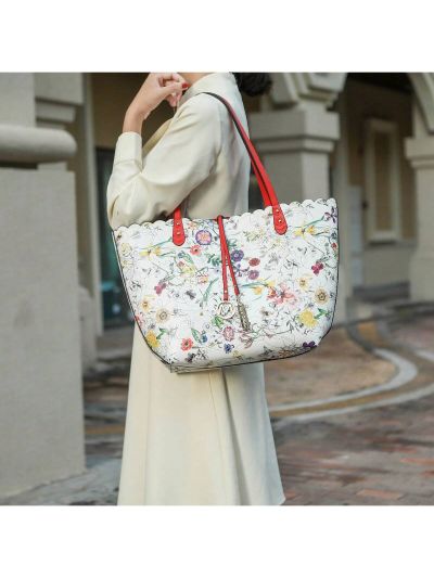 Danielle Vegan Leather Women Floral Set Tote Bag and Crossbody Pouch, 2 Pcs Minimalist Shoulder bag Large Capacity Double Handle Elegant Style for Lady