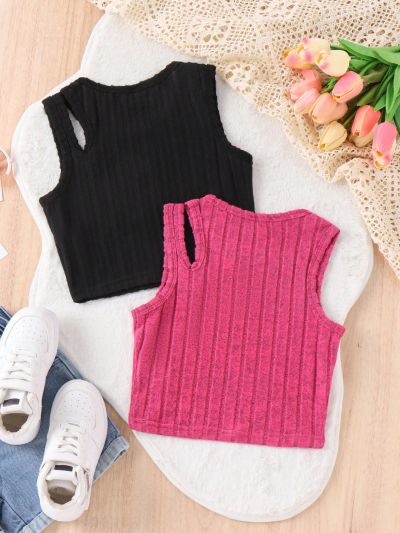 SHEIN Kids HYPEME 2pcs Girls' Solid Rib Knit Tank Top