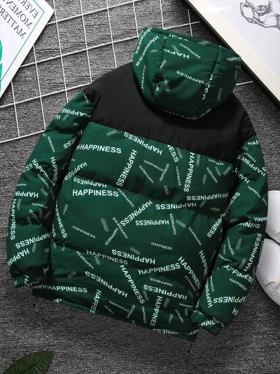 Manfinity Hypemode Men's Color Block Hooded Puffer Jacket With Letter Print, Zippered And Drawstring Design