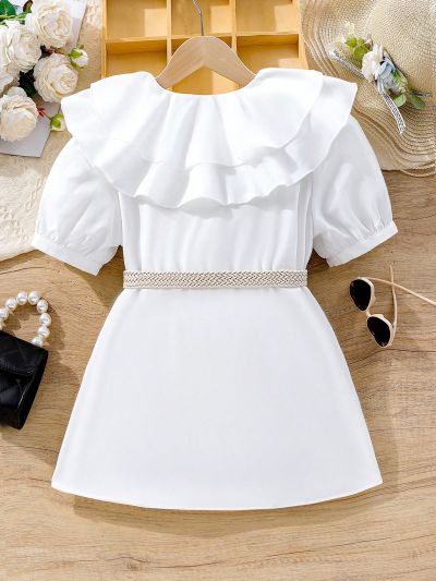 SHEIN Kids Cooltwn Tween Girls' Layered Frill Trim And Braided Belt Detail Shirt