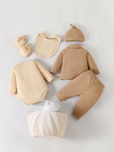 SHEIN Newborn Baby Boys' 8-piece Gift Set With Long-sleeve Bear Print Bodysuits