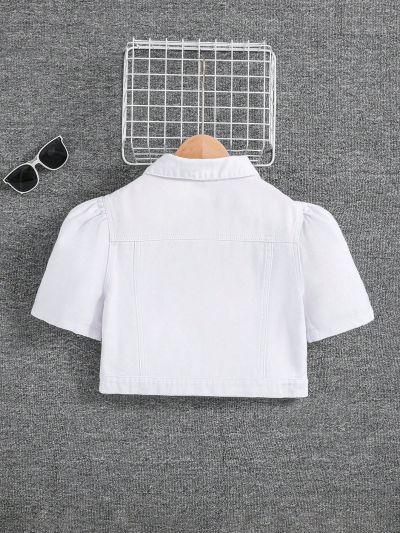 SHEIN Girls Cropped Puff Sleeve Button-Front Flap Pocket White Denim Jeans Jacket,Kids Spring Summer Vacation Clothes