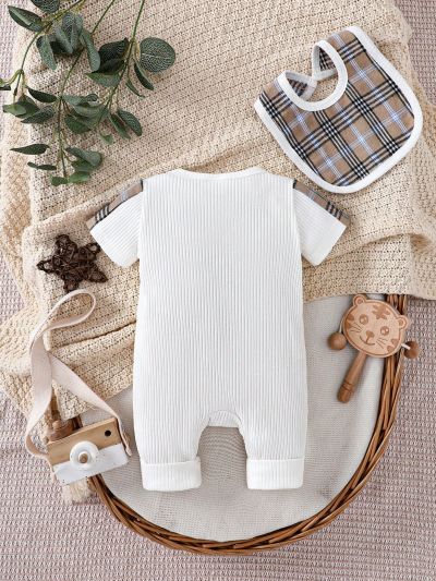 SHEIN Baby Boy'S Plaid Pocket Front Short Sleeve Romper