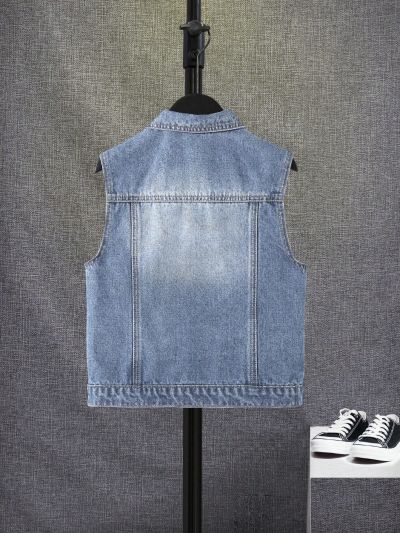 SHEIN Tween Boy Ripped Flap Pocket Denim Vest Jacket Without Hoodie