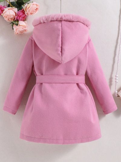 SHEIN Kids FANZEY Young Girl Fuzzy Trim Hooded Belted Overcoat