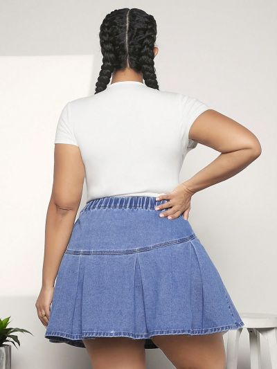 SHEIN CURVE+ Women's Plus Size Pleated Denim Skirt