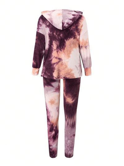 SHEIN LUNE Plus Size Tie Dye Hooded Long Sleeve Casual Two-piece Set